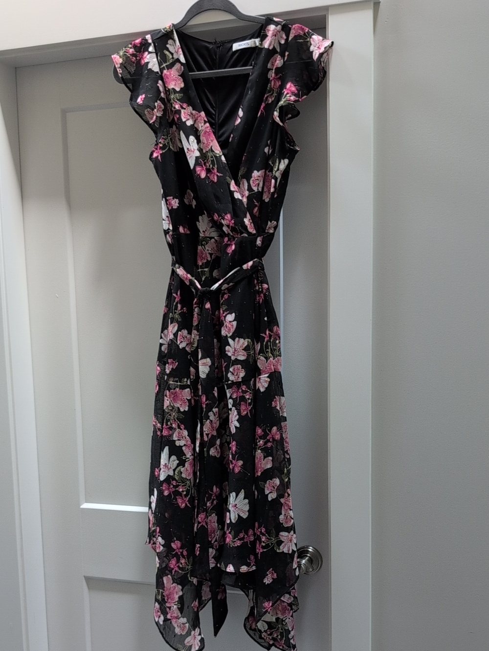 NWT Ricki's Black Floral High-Low Wrap Dress with Pink Blossoms sz 6